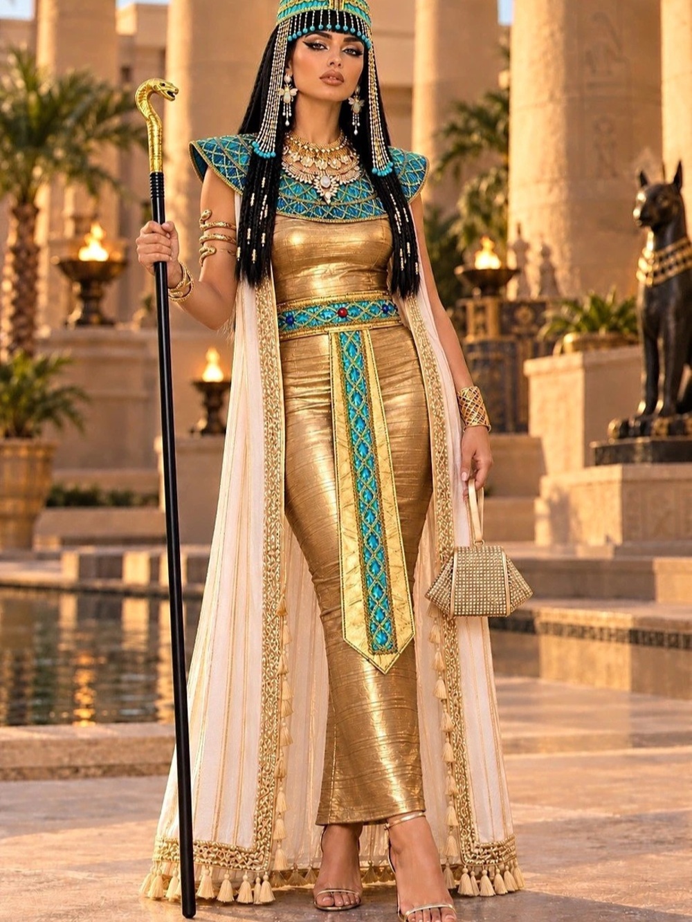 Luxury Cleopatra Costume | Bebe XS Gold Dress & Royal Styling